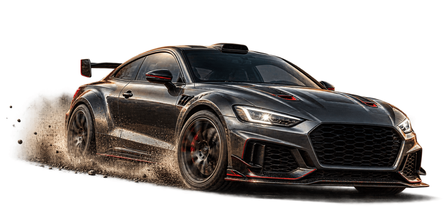 Cinematic German rally-sport coupe accelerating at speed